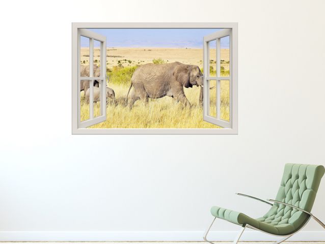 מדבקת קיר חלון תלת מימד נוף עם פילים
