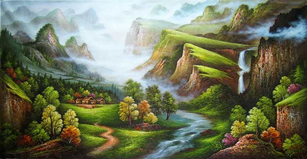 ציור יער כפרי ונהר