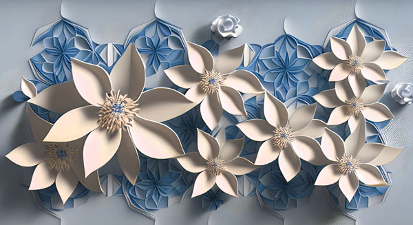 מדבקת טפט | פרחים בגווני בז' וכחול