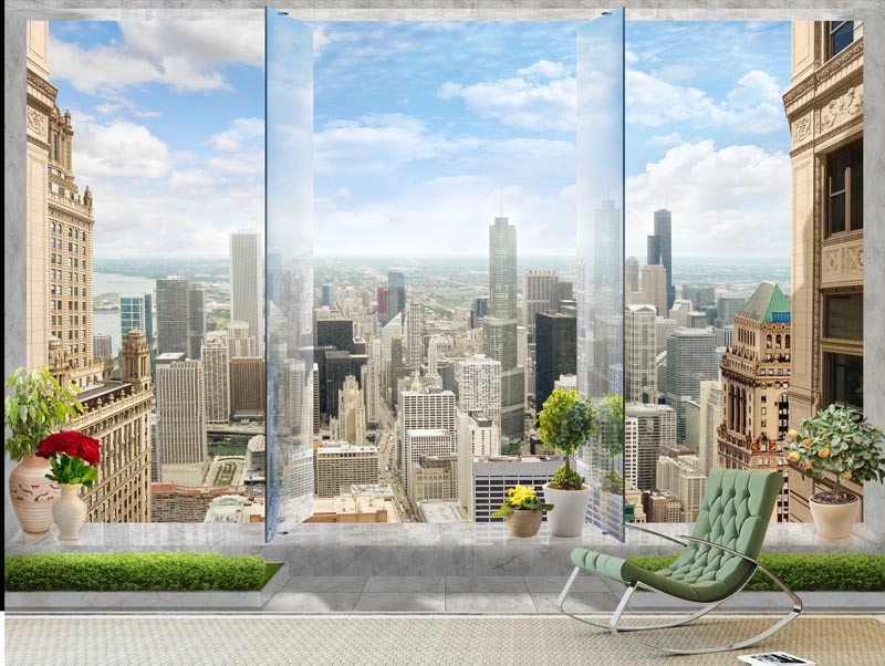 מרפסת עם חלון זכוכית משקיפה על עיר ניו יורק