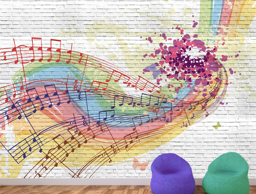 קיר בריקים עם גרפיטי מוזיקלי צבעוני