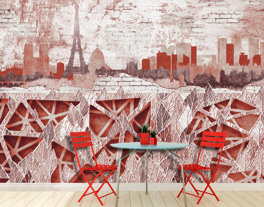 עיצוב גרפיטי פריז ועלים בגווני כתום אדום