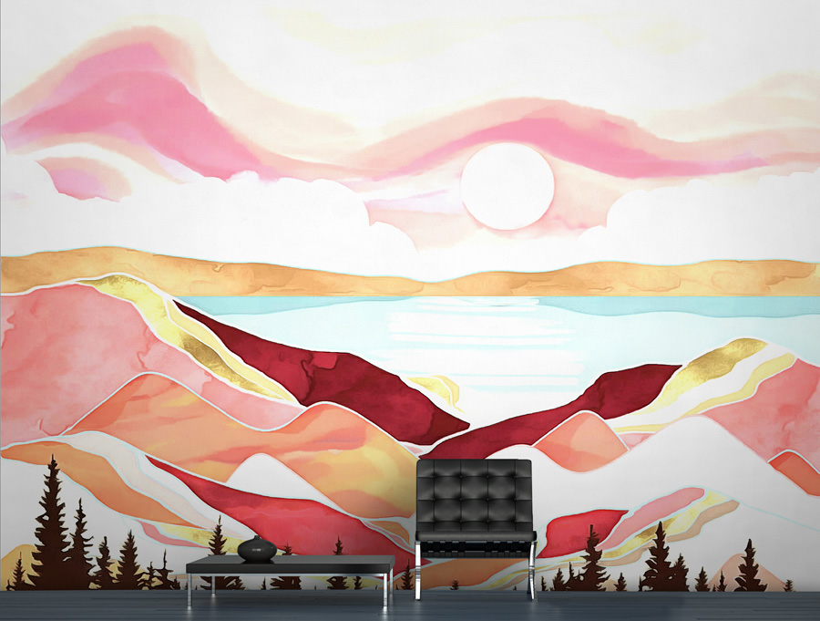 עיצוב מיוחד אדום נוף הרים ואגם
