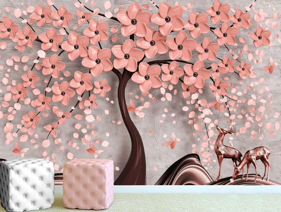 מדבקת טפט | עץ פרחים ורודים ואילים