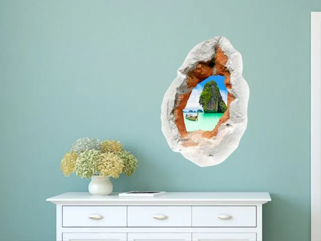 מדבקת 3D- חור בקיר לנוף טרופי