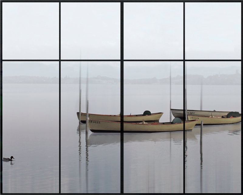 מדבקת חלון לאגם עם סירות במבוק