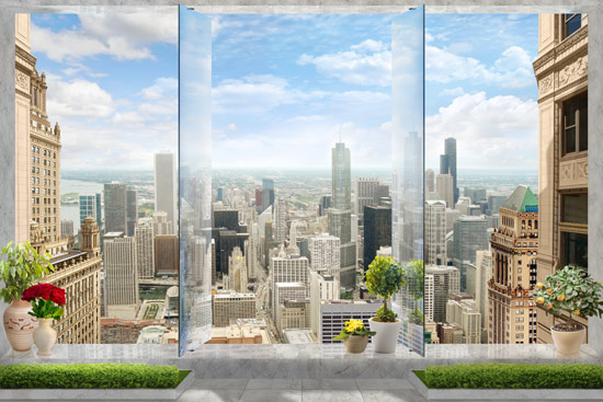 מרפסת עם חלון זכוכית משקיפה על עיר ניו יורק