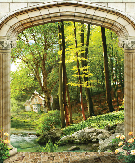 שער עם נוף של בית קטן ביער