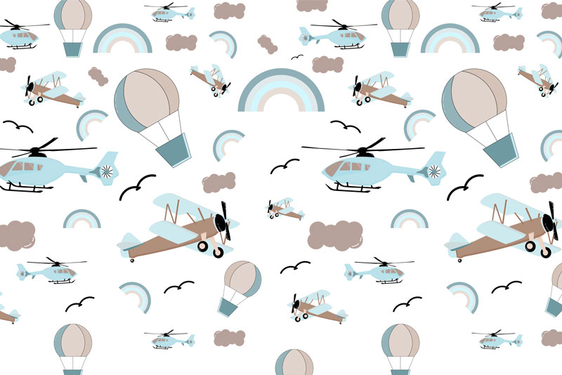 מטוסים כדורים פורחים וקשתות בענן בגווני חום כחול