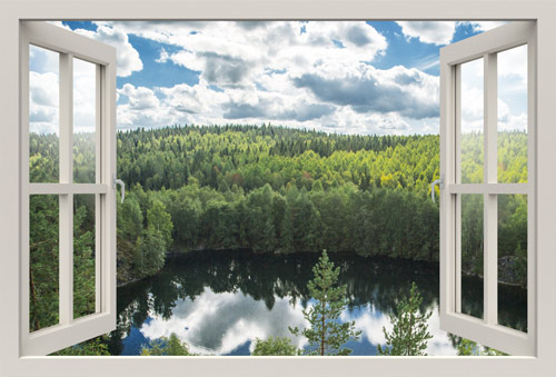 מדבקת קיר חלון תלת מימד אגם בלב יער