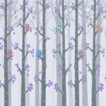 יער סגלגלג וינשופים קטנים צבעוניים | StickDecor