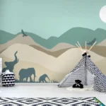 ספארי פילים וזברות בגווני חום כחול | StickDecor