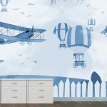 מדבקת טפט | מטוסים וכדורים פורחים בגווני כחול