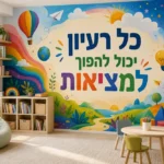 טפט צבעוני עם כדור פורח ומטוס נייר על קיר בחדר ילדים עם צעצועים ושטיח צבעוני