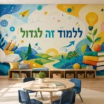 טפט עם ספרים ונורה על קיר בחדר ילדים עם שולחן כתיבה ועפרונות צבעוניים