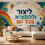 טפט עם כלי אומנות וקשת צבעונית על קיר בחדר ילדים עם שולחן כתיבה וכיסא צבעוני.