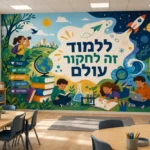 טפט חינוכי על קיר בחדר ילדים עם מיטה צבעונית, צעצועים וספרייה קטנה