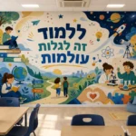 טפט ילדים לומדים ומגלים על קיר בחדר ילדים עם מיטה צבעונית וצעצועים על הרצפה.