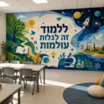 טפט נוף חינוכי על קיר בחדר ילדים עם ספריה ועיפרון על שולחן כתיבה