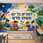 טפט עם ילדים לומדים וחוקרים על קיר בחדר ילדים עם מדפי ספרים ושטיח צבעוני.