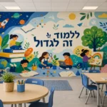 טפט הרפתקאות למידה על קיר בחדר ילדים עם מדף ספרים ושולחן כתיבה