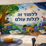 טפט ילדים בחדר עם ריהוט עץ ושטיח צבעוני, ילדים משחקים ולומדים