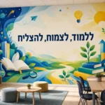 טפט עם ספר פתוח וזכוכית מגדלת על קיר בחדר ילדים עם מיטת עץ וצעצועים צבעוניים.