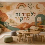 טפט עם שמש, ירח, טלסקופ וגלובוס על קיר בחדר ילדים עם מיטה וצעצועים