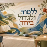 טפט עם נוף כפרי וספרים על קיר בחדר ילדים עם מדף צעצועים ושולחן כתיבה.