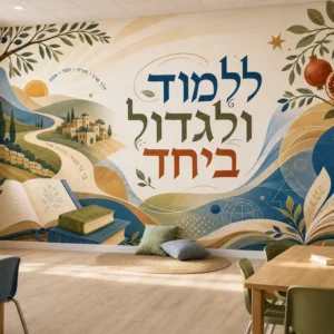 נוף עם ספרים וטקסט בעברית