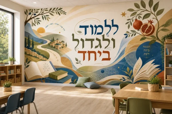 נוף עם ספרים וטקסט בעברית