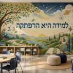 טפט עם עץ, ספרים וגלובוס על קיר בחדר ילדים עם שולחן כתיבה וכסאות צבעוניים