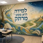 טפט עץ גדול עם ספר פתוח ושביל מתפתל בחדר ילדים עם ריהוט בהיר ותאורה רכה.