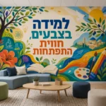 טפט חינוכי עם עץ וסמלים על קיר בחדר ילדים עם מדף ספרים צעצועים ושטיח צבעוני.