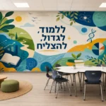 טפט טבע וחינוך על קיר בחדר ילדים עם שולחן כתיבה קטן ומנורת לילה