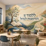 ספר פתוח עם עץ, שביל וכפר מואר, בצבעים כחול, בז' וירוק בסגנון איורי.