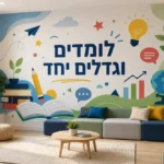 טפט סמלים חינוכיים על קיר בחדר ילדים עם שידה לבנה ומנורת לילה כחולה.