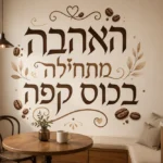 טפט עם ציטוט עברי על קפה במוטיב פולי קפה על קיר בפינת קפה עם שולחן עץ וכיסאות נוחים