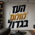טפט טיפוגרפי עם ציטוט עברי על קיר בחדר ילדים עם צעצועים צבעוניים וריהוט נעים