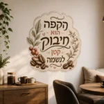 מדבקת פולי קפה ועלים על קיר בחדר ילדים עם מיטת עץ ושולחן קטן