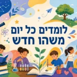 ילדים קוראים, מנסים ומביטים בכוכבים בצבעים כחול, ירוק וצהוב