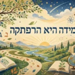 עץ ירוק עם ספרים וגלובוס, בנוף של נהר והרים בצבעים ירוק, כחול ובז'.