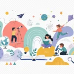 ילדים עוסקים בפעילויות מדעיות עם טלסקופ ומיקרוסקופ בצבעי פסטל כחול, ורוד וצהוב.