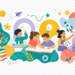 ילדים בפעילויות לימודיות בצבעים טורקיז, צהוב וסגול, בעיצוב משחקי