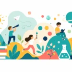 ילדים קוראים, מציירים וצופים בטלסקופ בצבעי טורקיז, צהוב וכתום