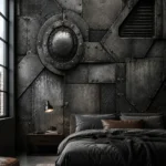 טפט עם פנלים מתכתיים וניטים על קיר בחדר ילדים עם מדף ספרים ושטיח צבעוני.
