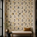 טפט רשת אותיות עבריות על קיר בחדר ילדים עם פינת משחקים צבעונית ושטיח רך.