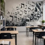 טפט אותיות בעברית על קיר בסלון עם ספה אפורה ושולחן עגול מעץ בהיר.