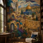 טפט נוף עירוני מזרח תיכוני על קיר בחדר ילדים עם מיטה לבנה וצעצועים צבעוניים מסביב.