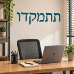 מדבקת טקסט עברי על קיר סלון ליד כורסה לבנה ושולחן קפה מעץ.